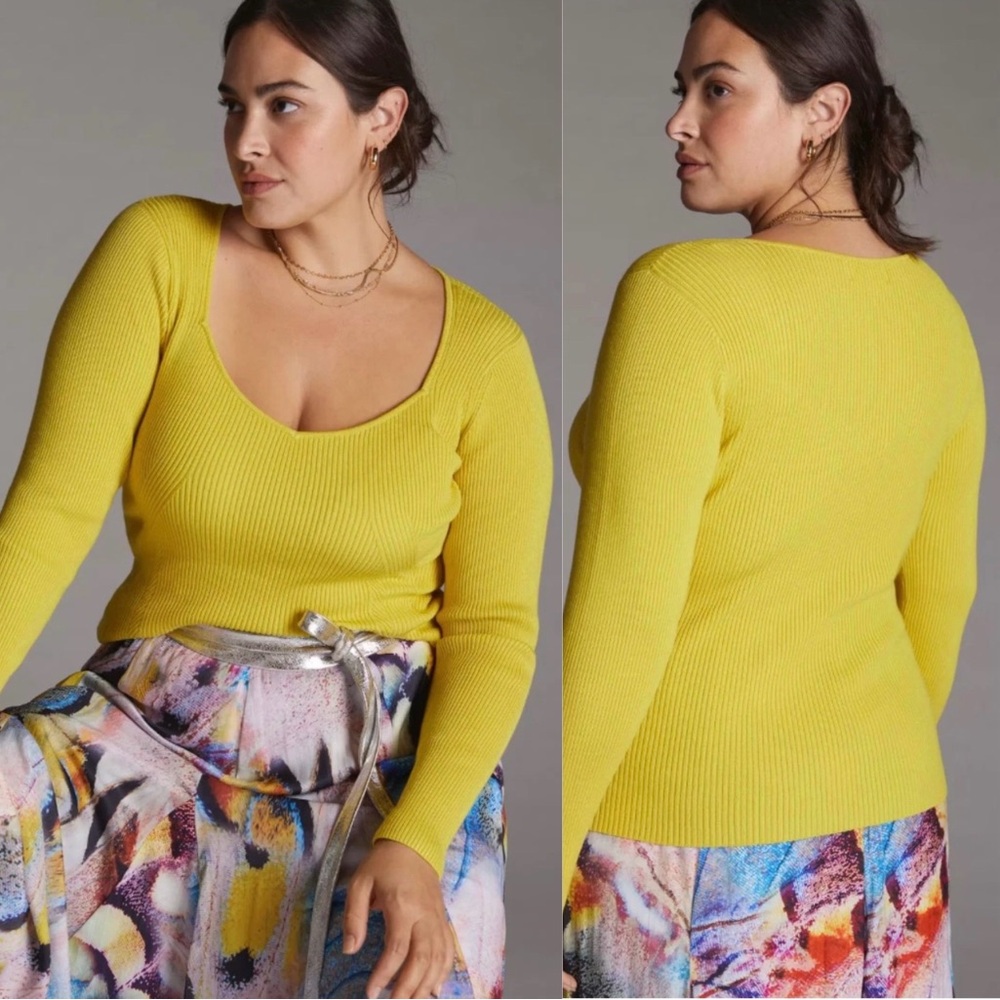 Anthropologie Sweater Sweetheart Neckline Size XL Ribbed Fitted Citron Yellow
